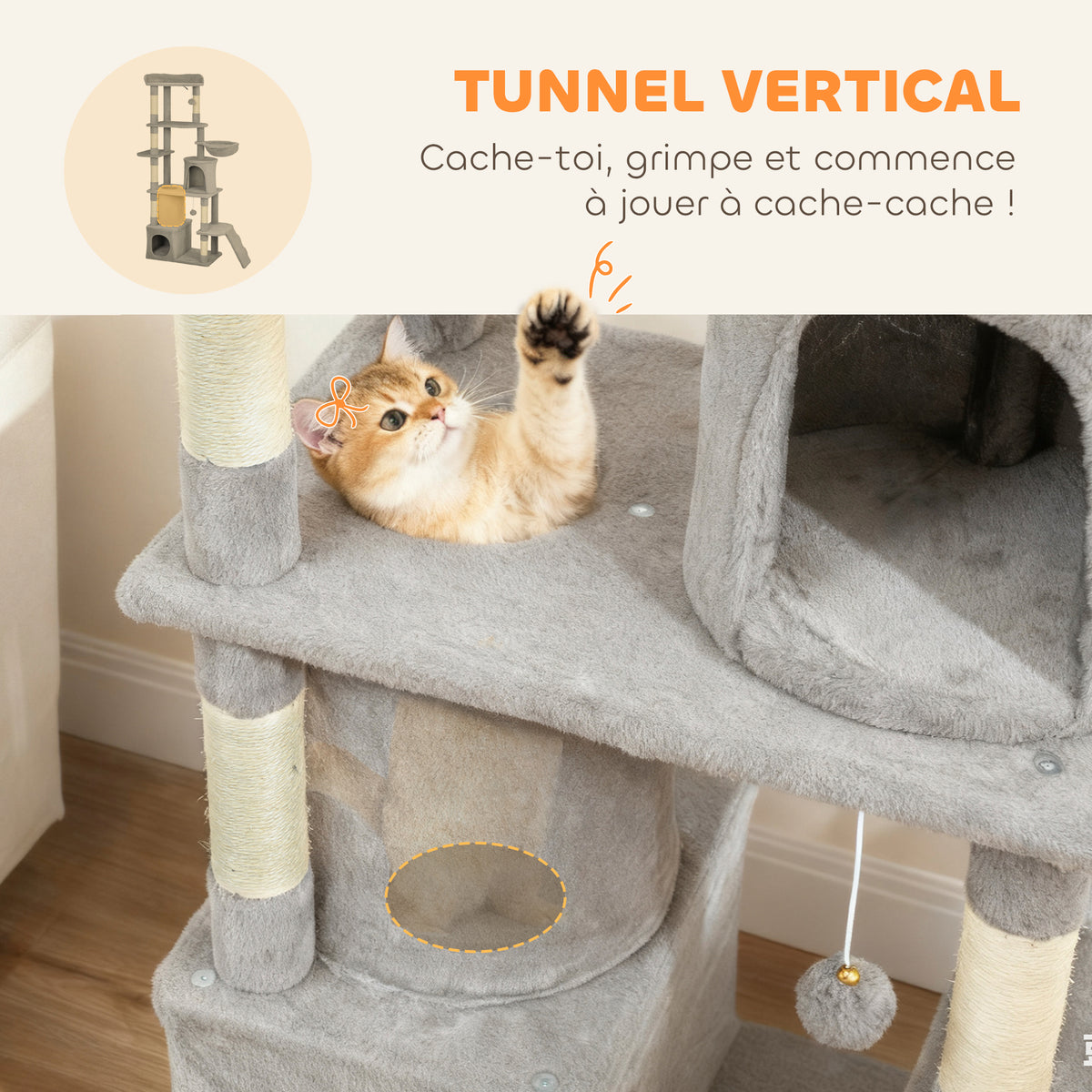 Arbre à chat tour de jeux 7 poteaux à griffer 3 platesformes 2 niches tunnel hamac et 2 pompons 170 cm gris foncé