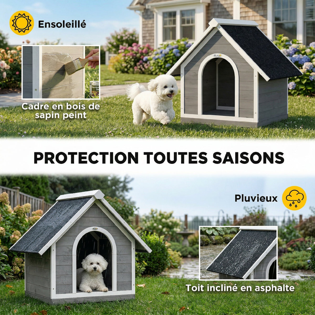 Niche pour Chien Extérieur Maison pour Chien Corps Entièrement Ouvrant pour Nettoyage Facile 84x101x86 cm Gris et Blanc