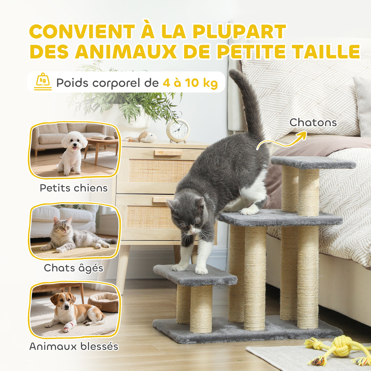 Escalier pour animaux domestiques réglable 3 marches échelle pour chat chien griffoirs en sisal balle 52x34,5x54cm gris