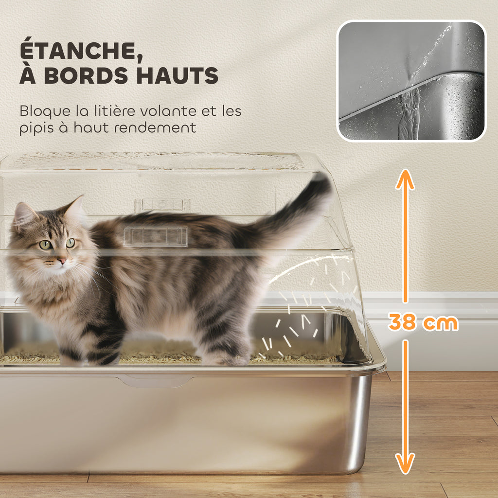 Bac à litière fermé maison de toilette pour chat acier inoxydable couvercle marche anti-dispersion 60x40x38cm gris foncé