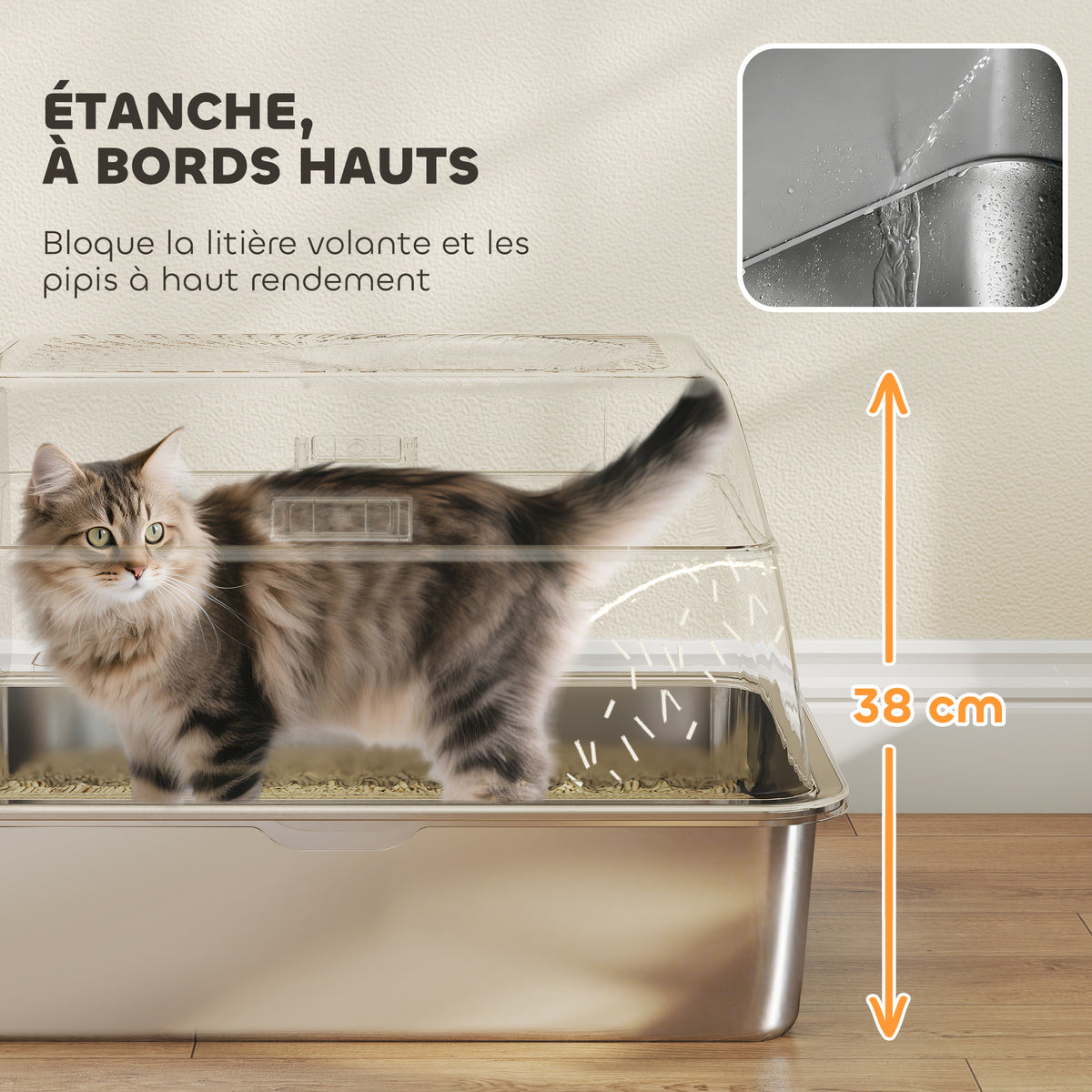 Bac à litière fermé maison de toilette pour chat acier inoxydable couvercle marche anti-dispersion 60x40x38cm gris foncé