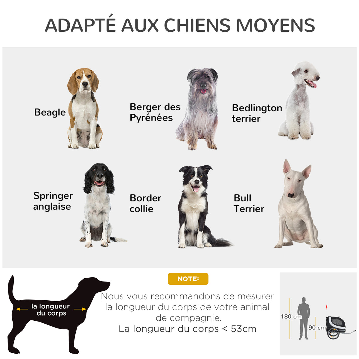 Remorque velo pour chien animaux avec drapeau et 8 reflecteurs blanc et noir