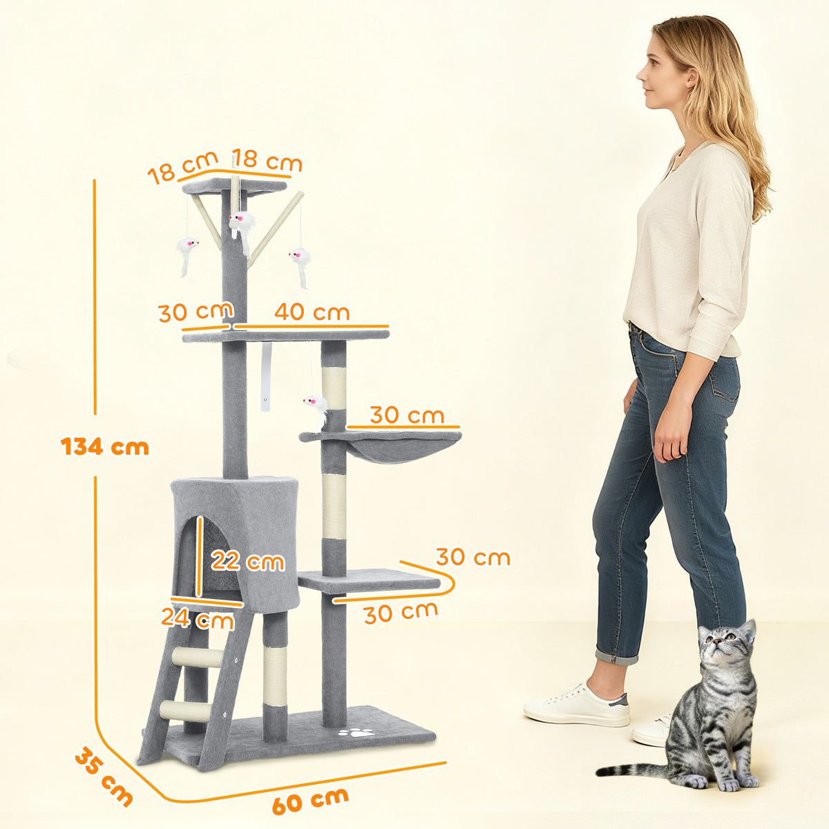 Arbre à Chat Tour de Jeux pour Chats Stable Multi-Niveaux avec Niche 3 Plate-Formes Hamac 60x35x134cm Gris