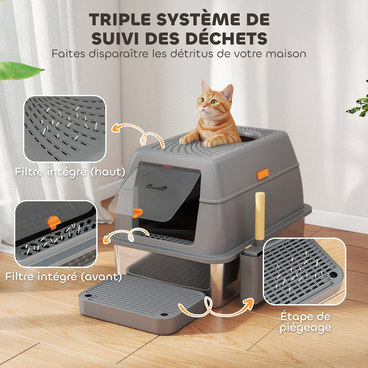 Bac à litière fermé maison de toilette pour chat acier inoxydable couvercle marche anti-dispersion 60x40x38cm gris foncé