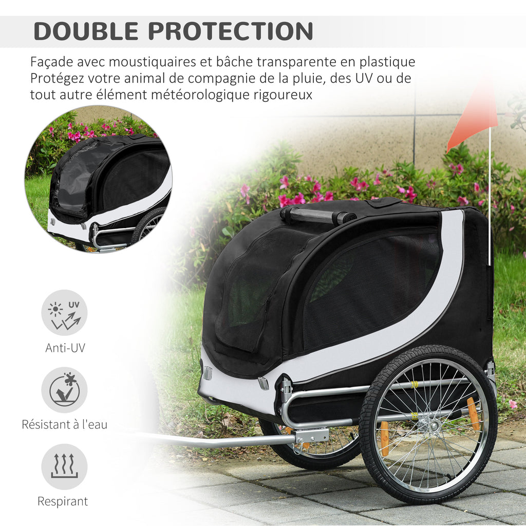 Remorque velo pour chien animaux avec drapeau et 8 reflecteurs blanc et noir