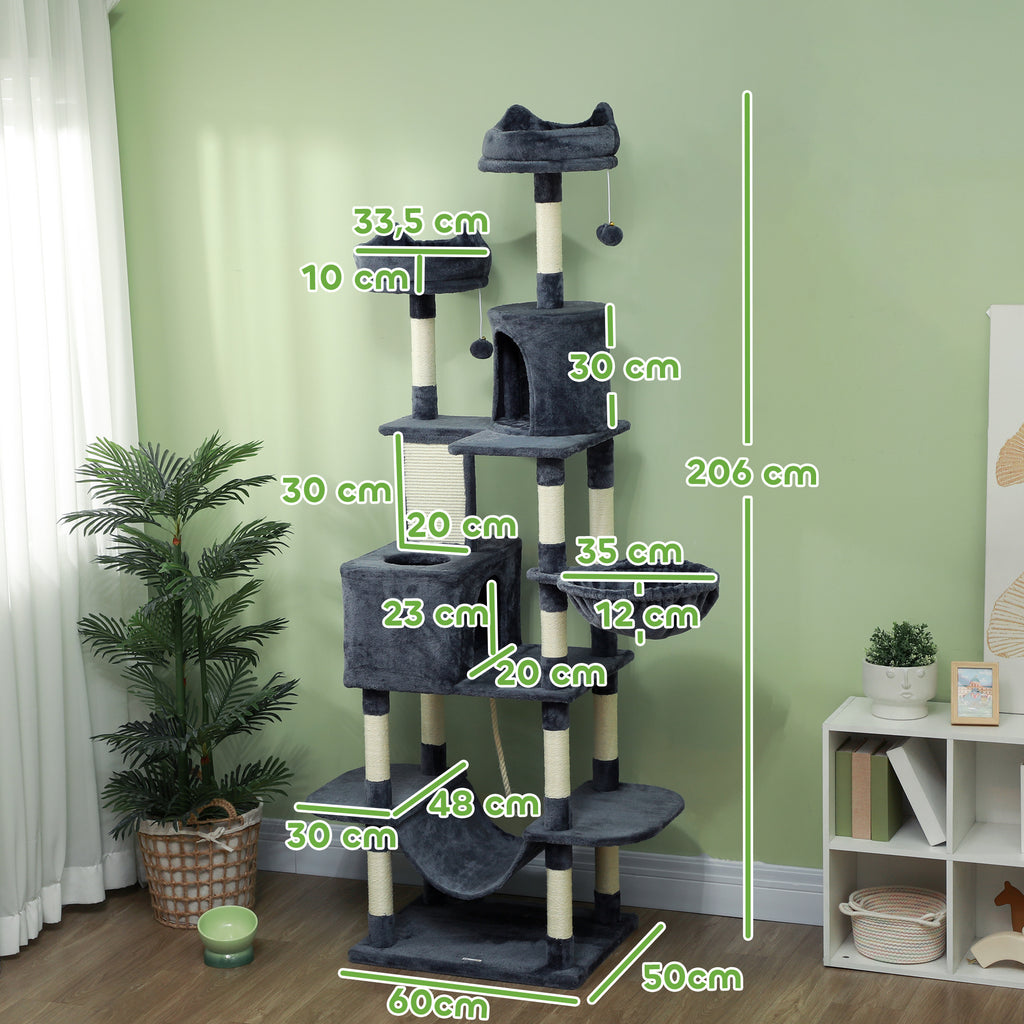 Arbre à chat 206 cm tour de jeux pour chat en peluche plusieurs niveaux idéal pour 1-3 chats 60 x 50 x 206 cm gris foncé