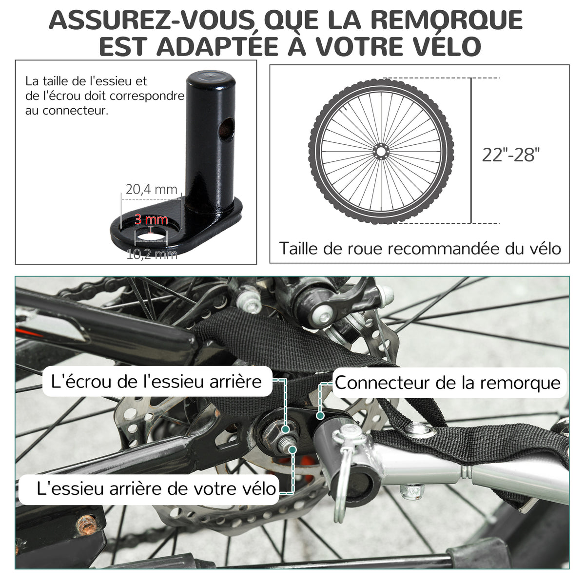 Remorque velo pour chien animaux avec drapeau et 8 reflecteurs blanc et noir